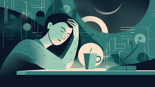An illustration showing a person in bed unable to sleep due to caffeine, symbolized by a glowing coffee cup nearby.