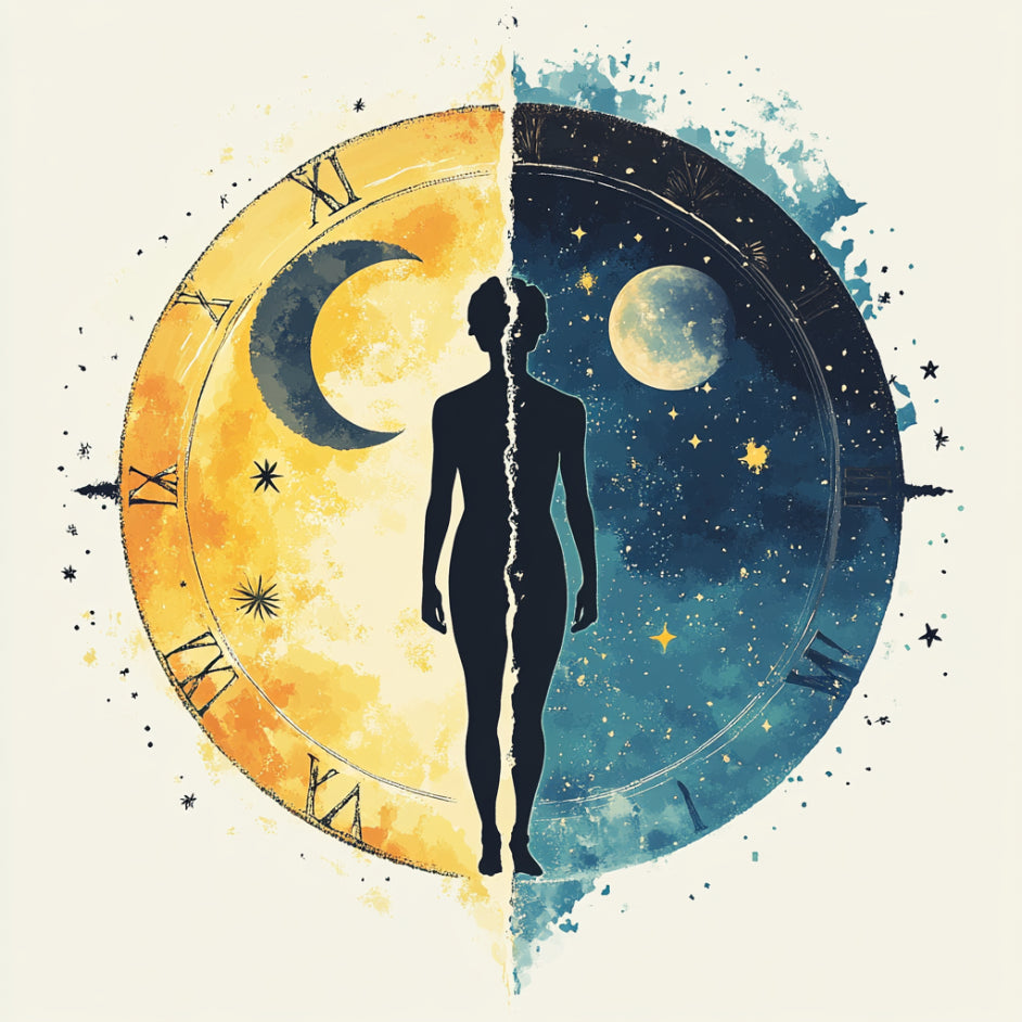 An illustration of a 24-hour clock showing day and night cycles around a person, symbolizing how the circadian rhythm may affect sleep.