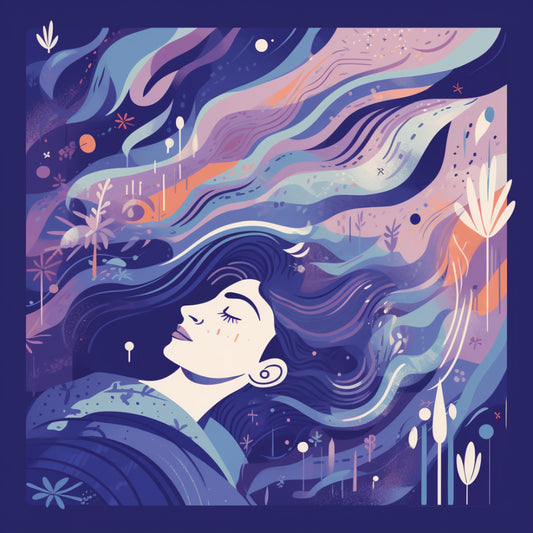 An illustration of a person in bed transitioning from feeling stressed to relaxed, symbolizing managing stress to improve sleep quality.