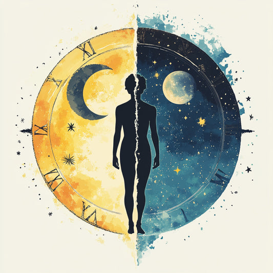An illustration of a 24-hour clock showing day and night cycles around a person, symbolizing how the circadian rhythm may affect sleep.