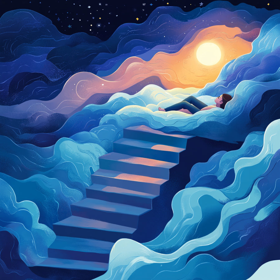 An illustration showing a person peacefully progressing through REM and Non-REM sleep cycles represented by ascending steps or waves.