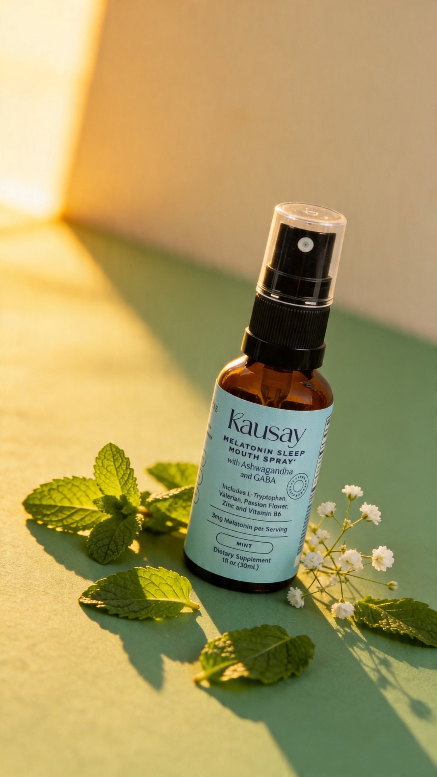 Kausay melatonin sleep mouth spray bottle with fresh mint leaves and white baby's breath flowers on a sage green surface