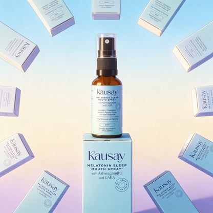 Kausay melatonin sleep mouth spray bottle on packaging with boxes floating around it on a pastel gradient background