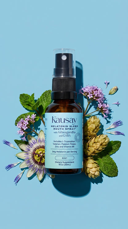 Kausay melatonin sleep mouth spray bottle with passion flower, mint, valerian, and hops on a blue background
