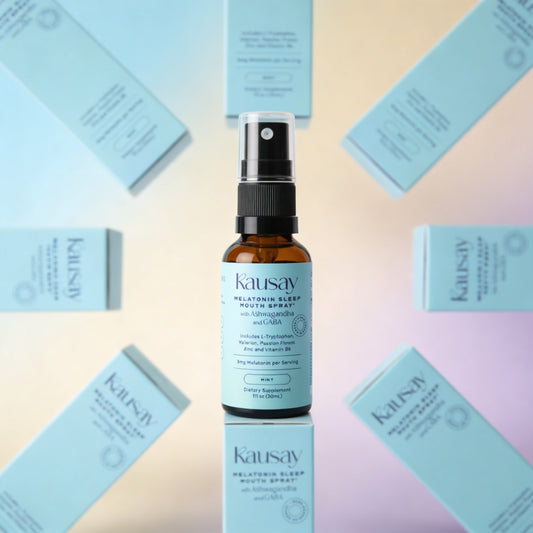 Kausay melatonin sleep mouth spray bottle centered with packaging boxes arranged in a radial pattern on a soft pastel background
