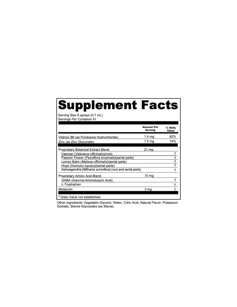Kausay melatonin sleep mouth spray supplement facts panel showing 3mg melatonin, 21mg botanical blend, 10mg amino acid blend, Vitamin B6, and Zinc per 6-spray serving